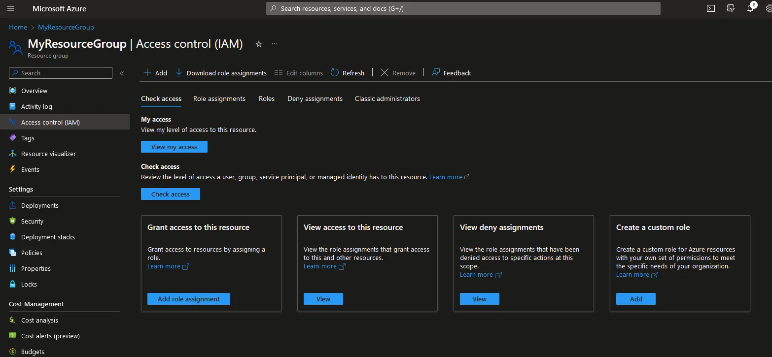 Access control (IAM) screen for a Resource group.