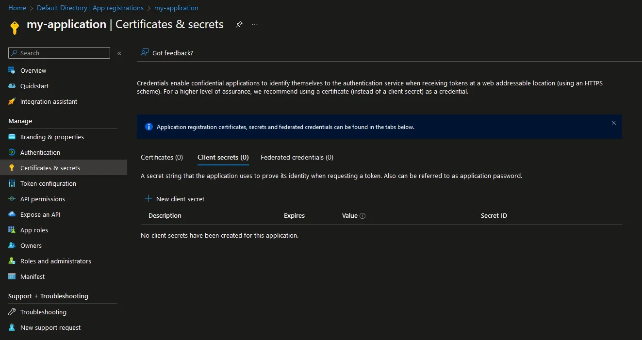 Certificates &#x26; secrets screen for App registrations.