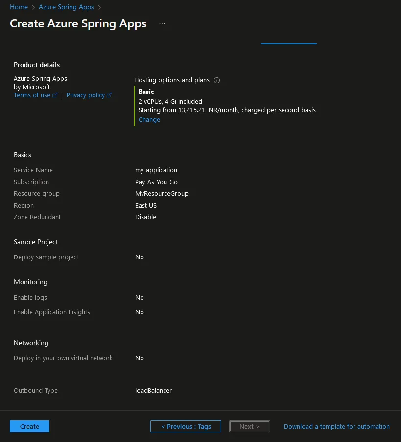Creating a simple Azure Spring Apps instance.