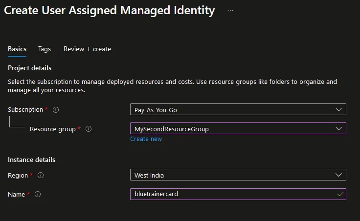 Creating a user-assigned managed identity.