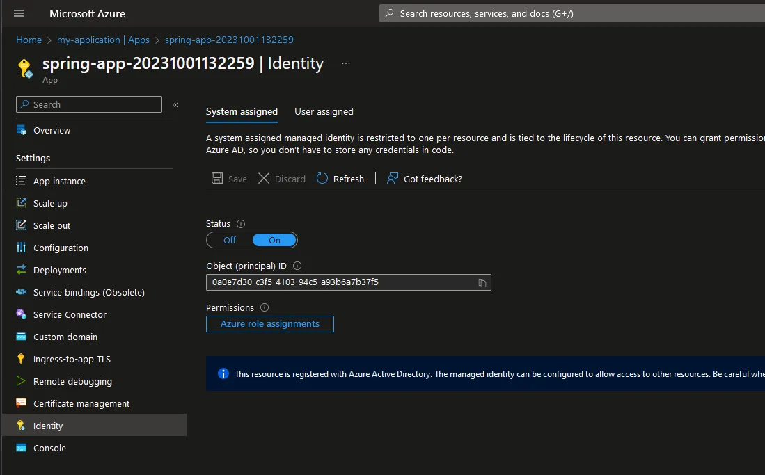 Enabling system-managed identity for an Azure Spring App.