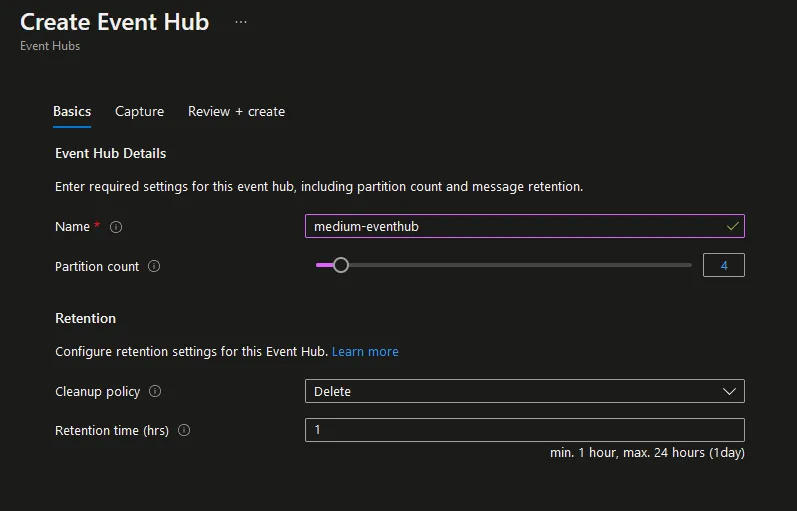 Configuration before creating a new Event Hub Instance.