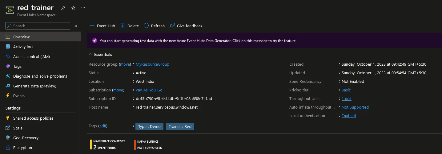 Event Hubs Namespace overview dashboard.