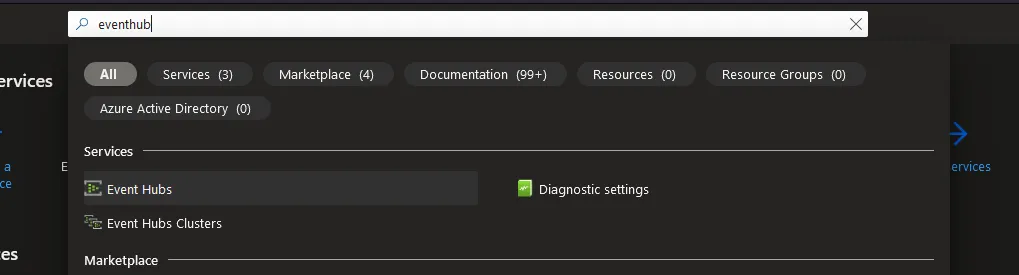 Navigating to Event Hubs via the Azure Portal.