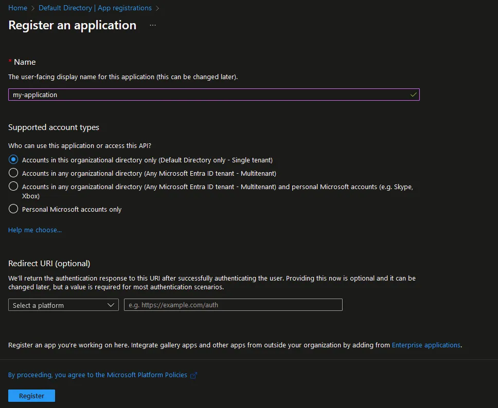 Registering a new application in Azure AD.