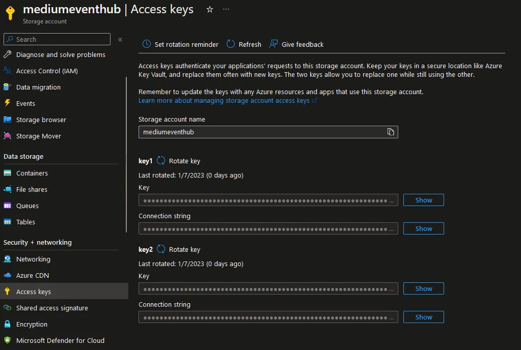 Access key properties for Storage Account.