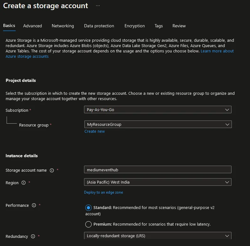 Configuration before creating a new Storage Account.