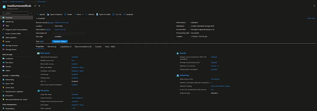 Storage Account overview dashboard.