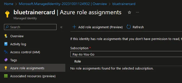 Azure role assignments screen for Managed Identity.