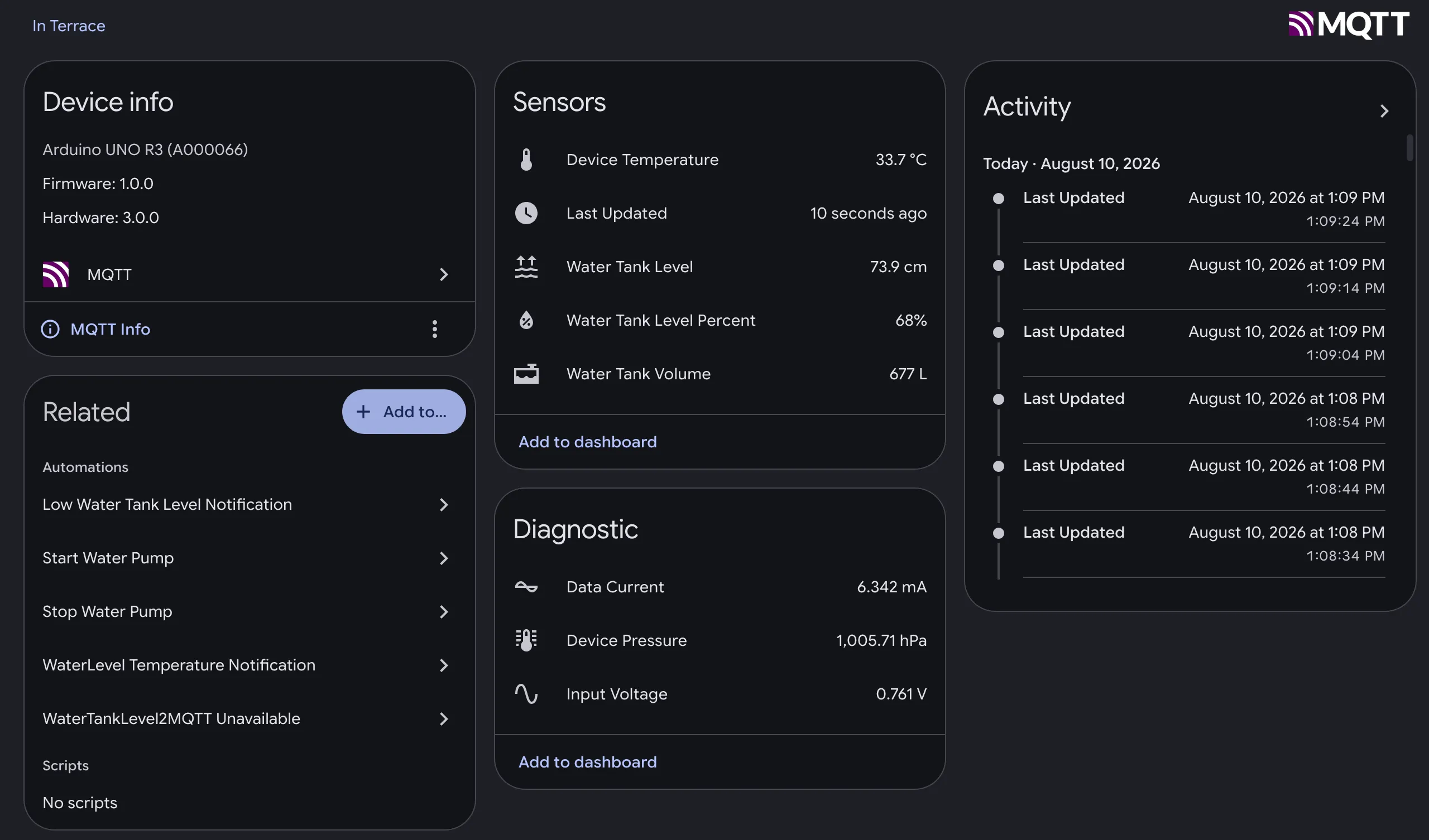 The MQTT integration in Home Assistant showing the configured water tank sensors.